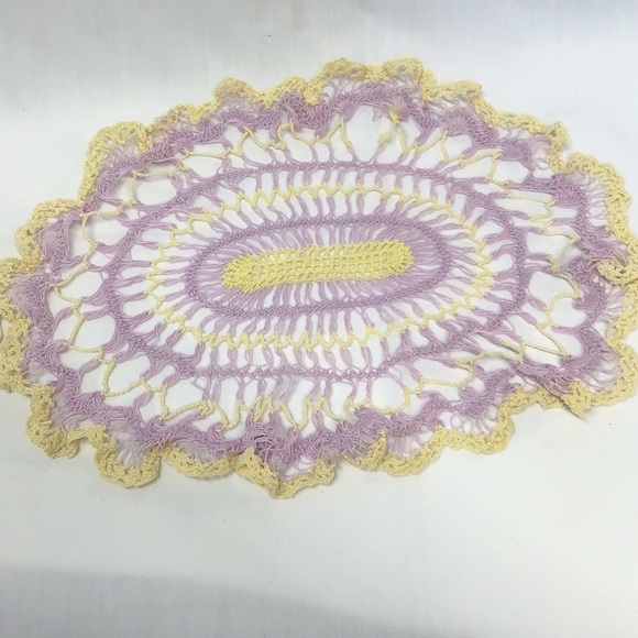 Vintage doilie pair hand made crochet lavender and soft yellow oval and round - Picture 3 of 6